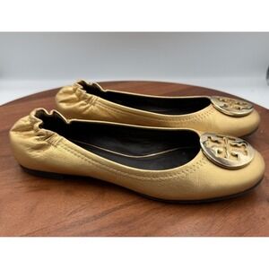 TORY BURCH Reva Ballet Flats Gold Metallic Leather Signature Logo Women's Size 7